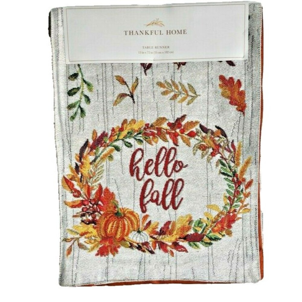 Thanksgiving Table Runner Hello Fall Wreath Tapestry Harvest Fall Colors 13x72"
